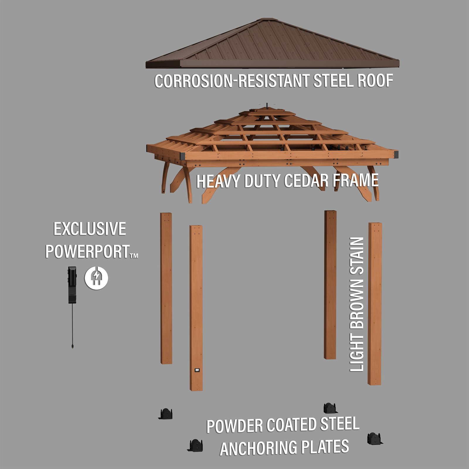 10×10 Barrington Cedar Wood Gazebo with Steel Roof & PowerPort™ – All-Weather Outdoor Structure - Image 3