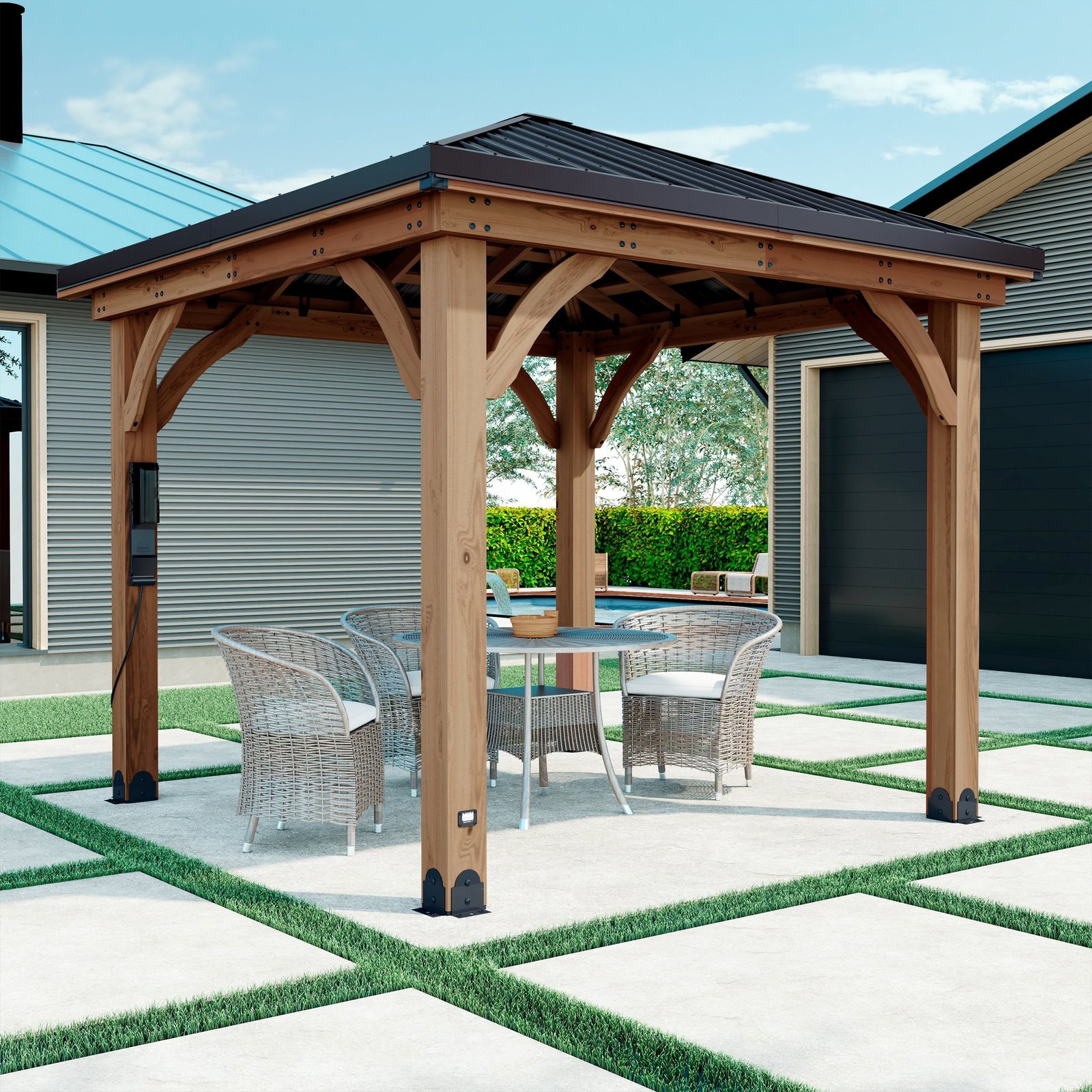 10×10 Barrington Cedar Wood Gazebo with Steel Roof & PowerPort™ – All-Weather Outdoor Structure - Image 5